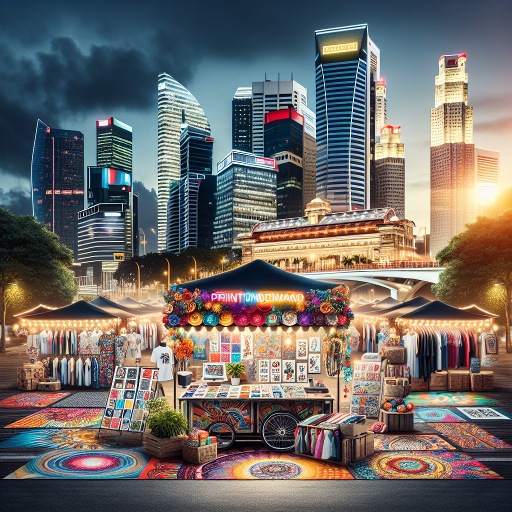 A market stall showcasing custom products with a Singapore cityscape in the background.