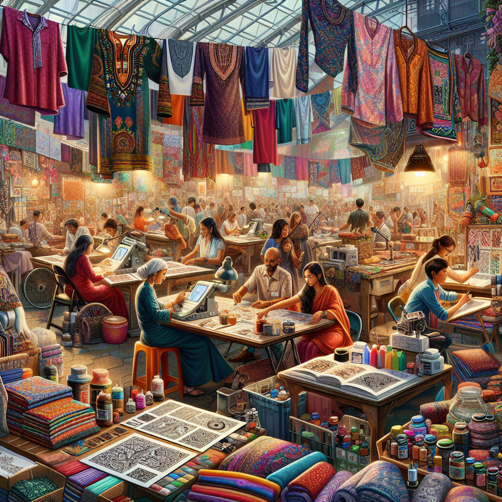 A vibrant print-on-demand marketplace scene in Singapore showcasing custom products.