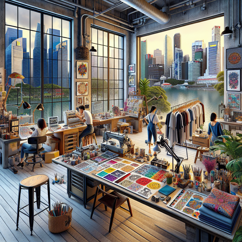A colorful workspace of artists collaborating on custom products for print on demand in Singapore.