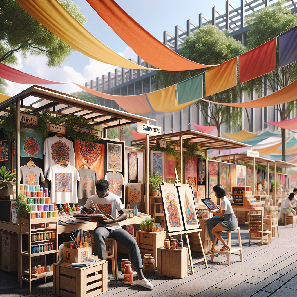 A vibrant street scene in Singapore displaying print on demand products and local artists at work.