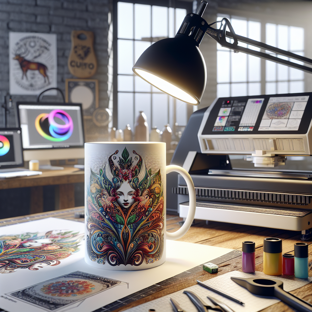 A workshop setting featuring a white ceramic mug being printed with a colorful design.