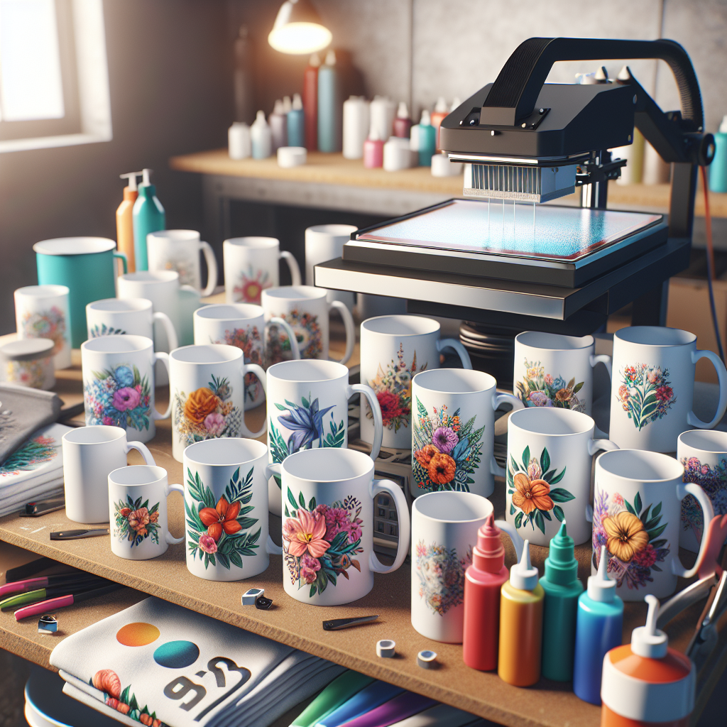A workspace for custom mug printing with mugs, a heat press, and colorful inks.
