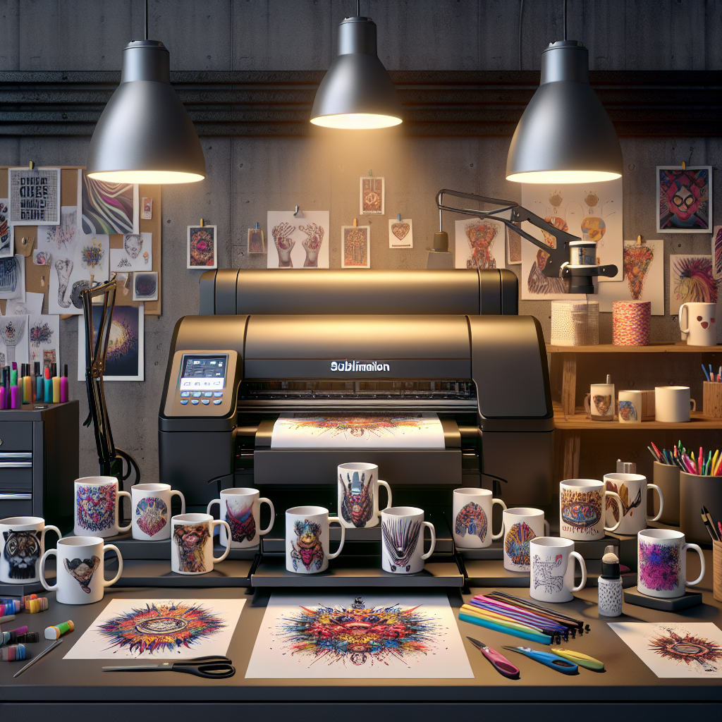 A bright workspace with a printer and various custom mugs.