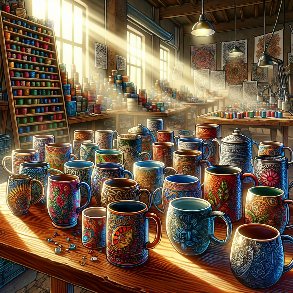 A collection of colorful custom mugs on a wooden table in a warm-lit workshop.