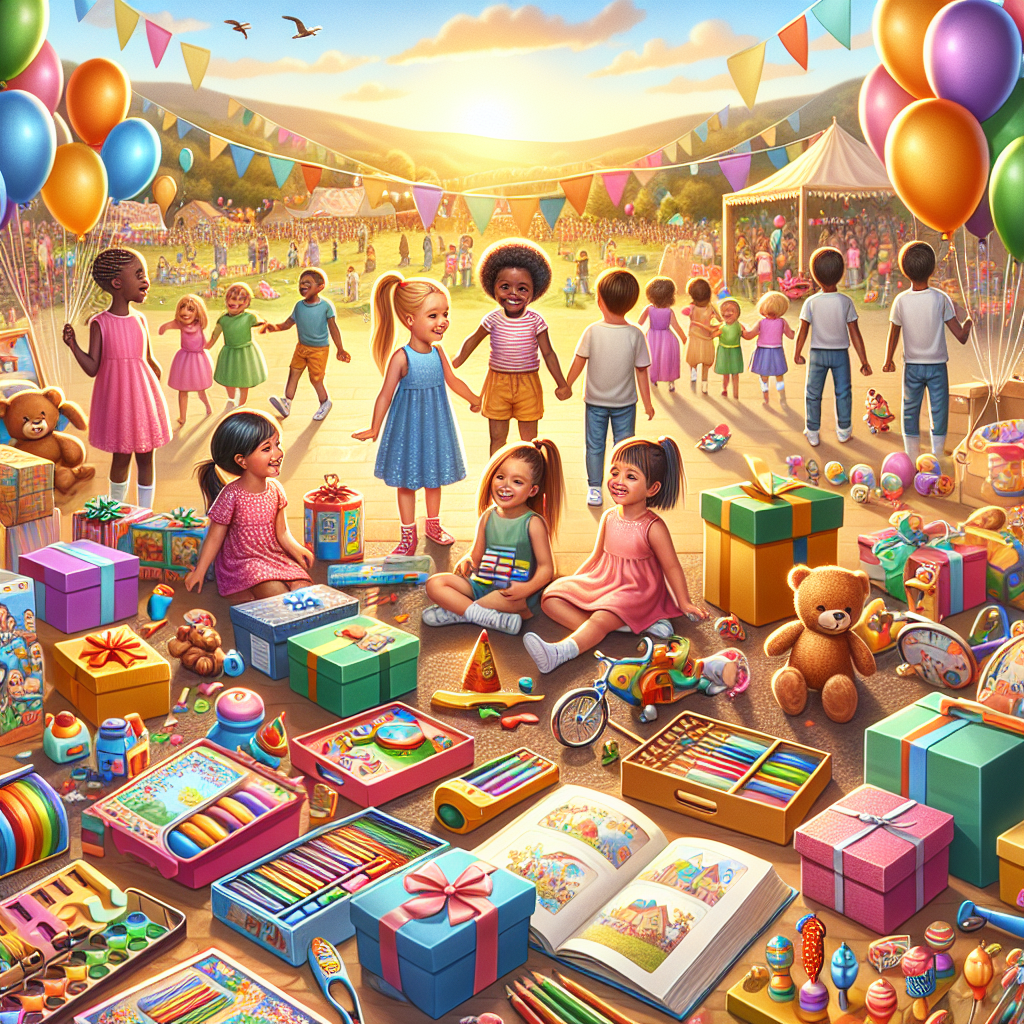 A festive scene with various children's day gifts and children playing.