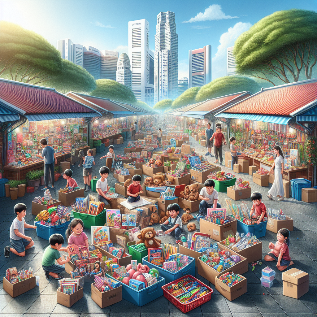 A vibrant market scene showcasing diverse wholesale children's gifts for Children's Day in Singapore.