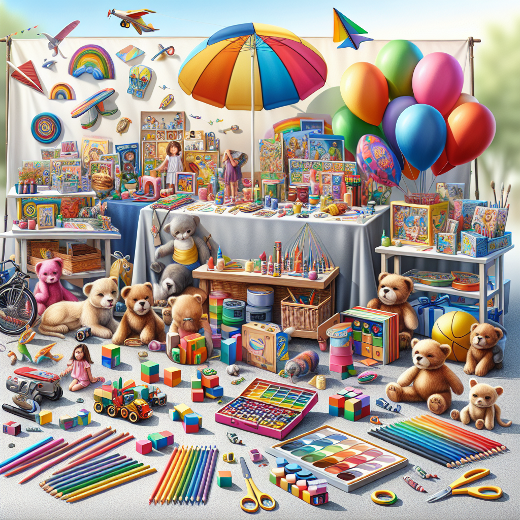 A colorful assortment of wholesale children's gifts including toys, crafts, and outdoor games.