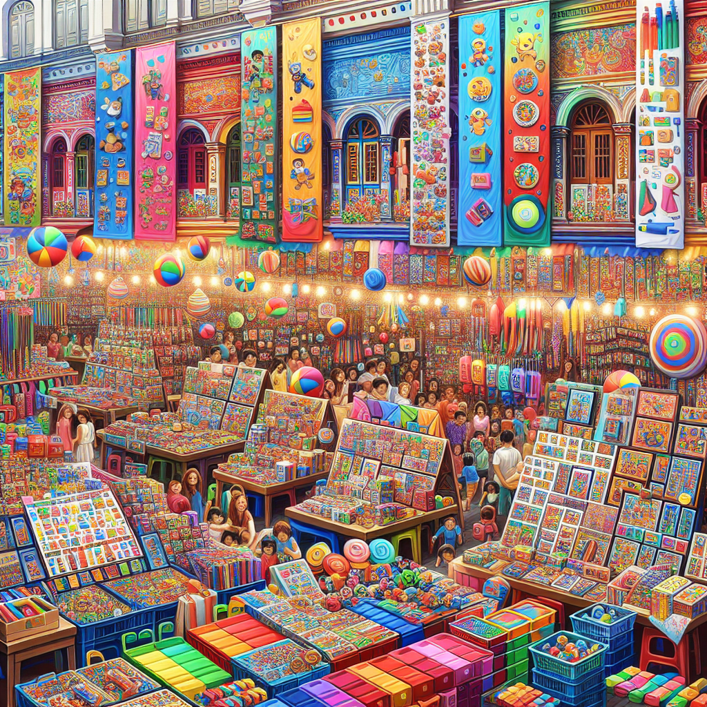 A vibrant display of children's day gifts in a bustling Singapore market.