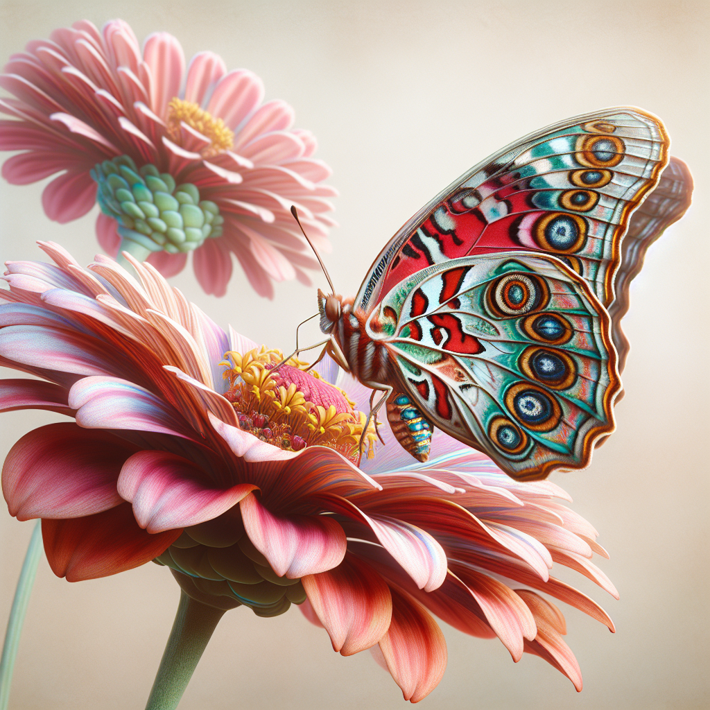 A realistic depiction of a brightly colored butterfly on a flower, inspired by the provided Unsplash photo.