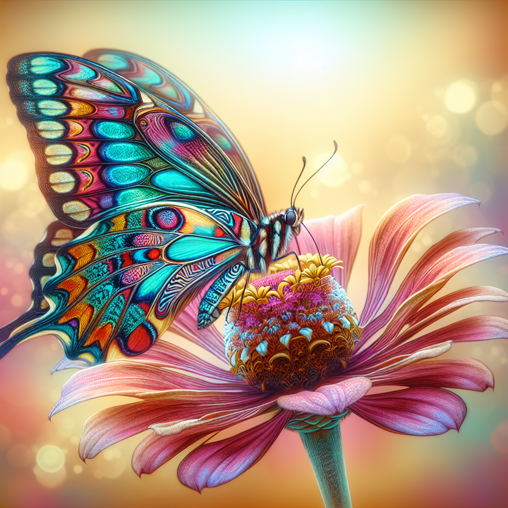 Realistic image of a vibrant butterfly with intricately patterned wings resting on a colorful flower, inspired by a reference photo.