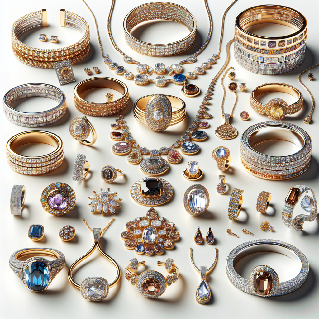 Assorted print-on-demand jewelry pieces including rings, bracelets, and necklaces with detailed designs and materials.