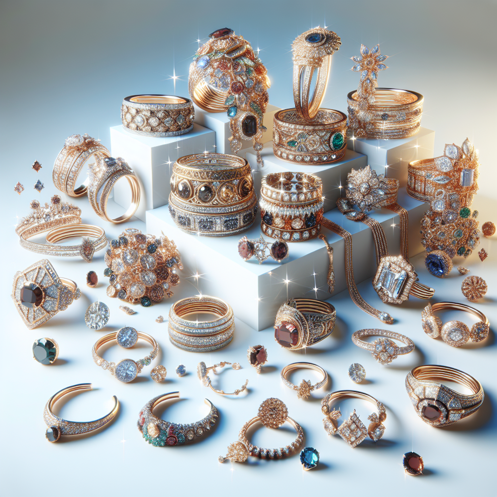 Assortment of print-on-demand jewelry with intricate designs on a white background.
