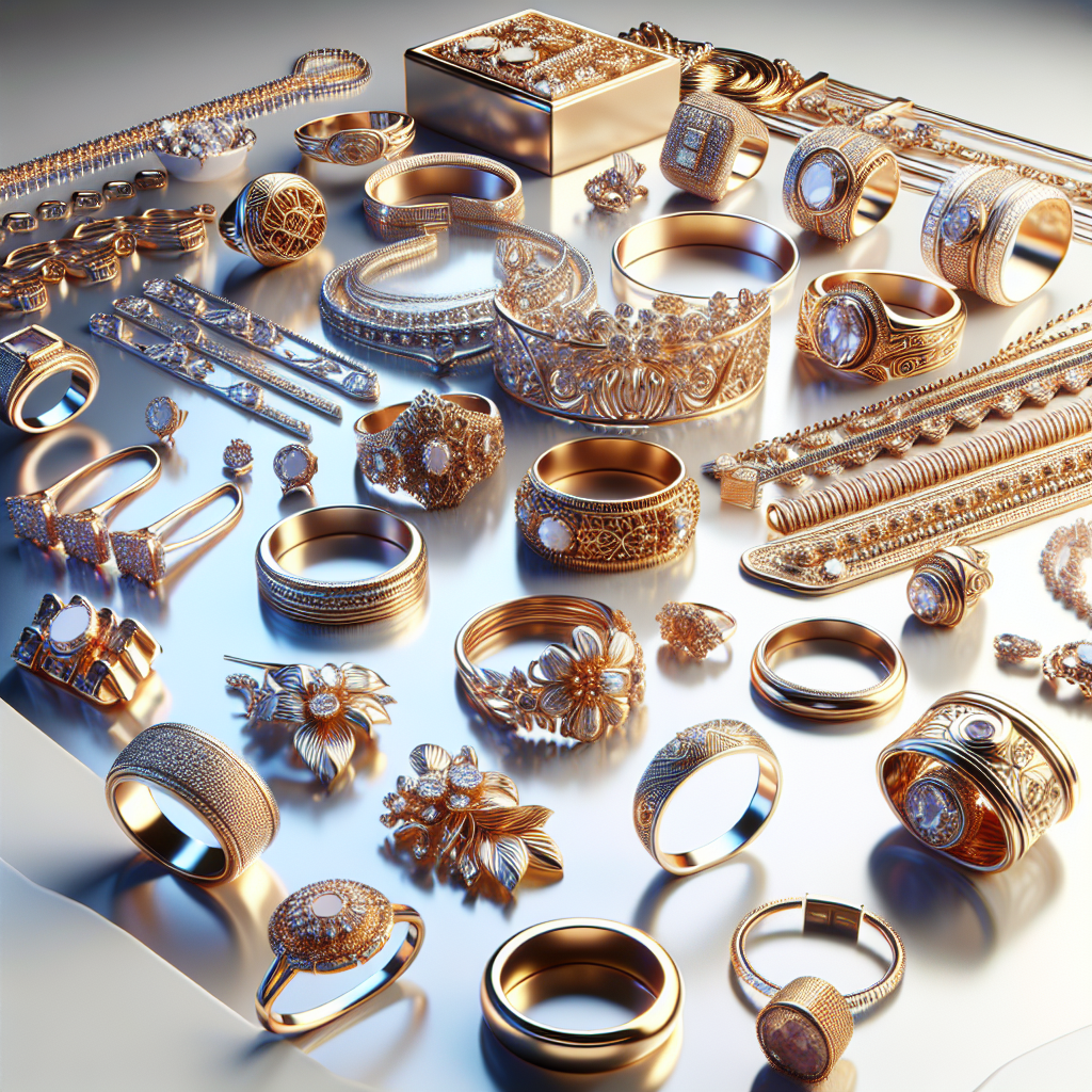 Assorted print-on-demand jewelry pieces, including rings, necklaces, bracelets, and earrings, with detailed craftsmanship on a white background.