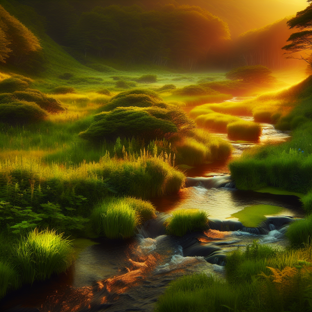 Serene landscape with a stream in a meadow during golden hour.
