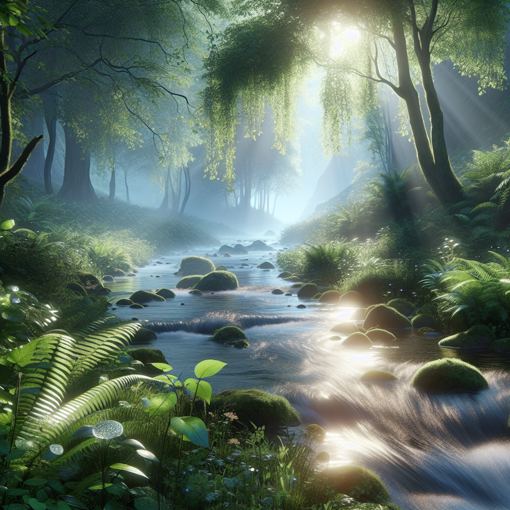 A serene and tranquil natural setting with soft ambient lighting.