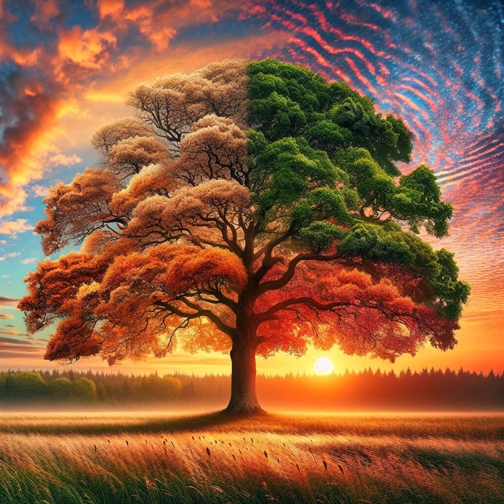 Majestic oak tree with leaves in various seasonal colors at sunrise.