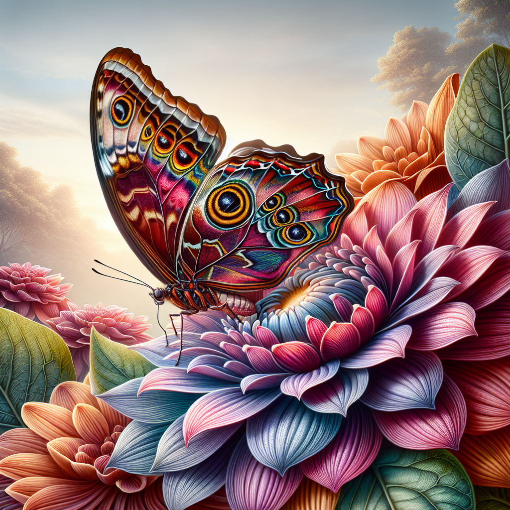 A realistic image of a colorfully winged butterfly perched on a vibrant flower.