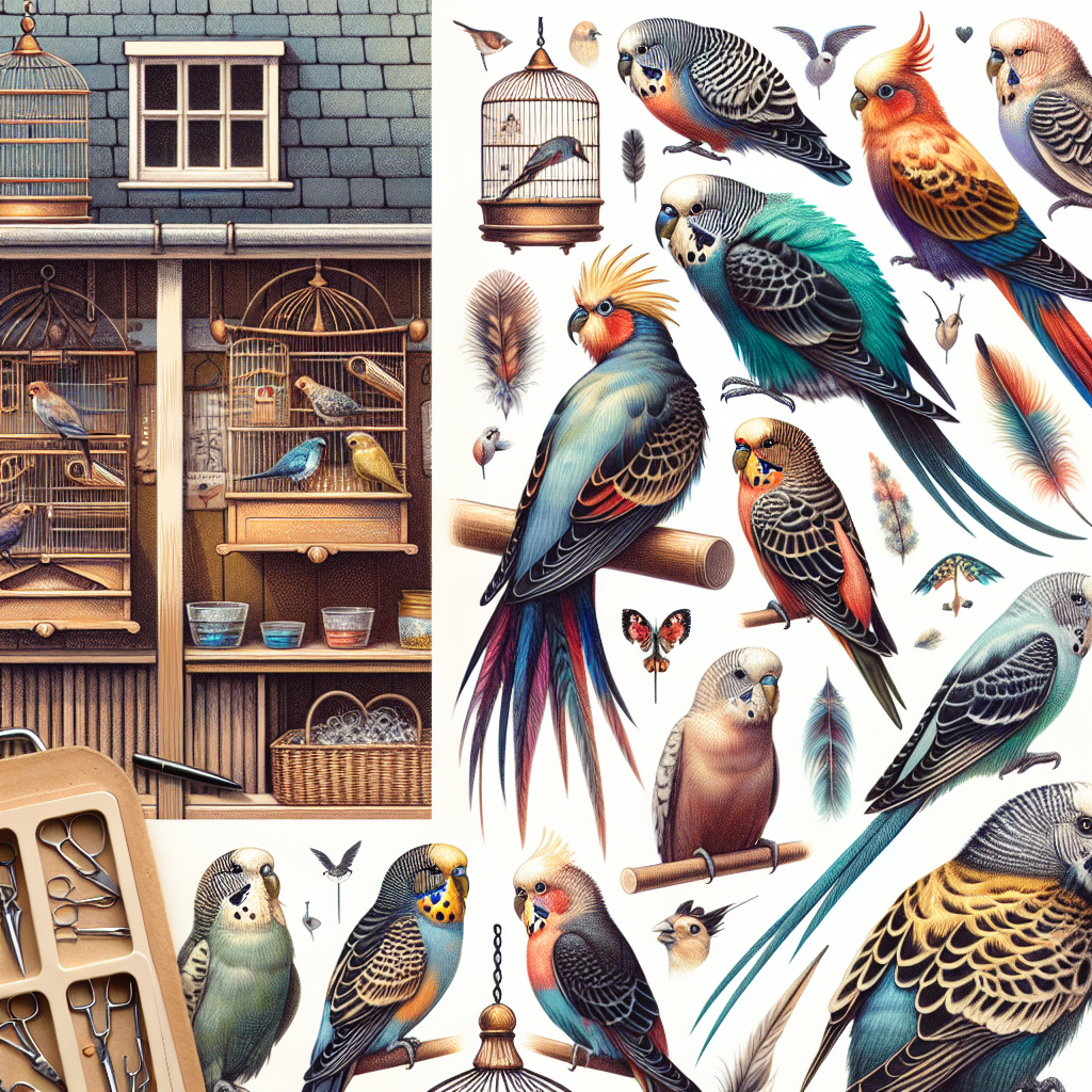 Realistic image of a variety of pet birds in a cozy local shop display, reminiscent of dyomo77's art style on Redbubble.