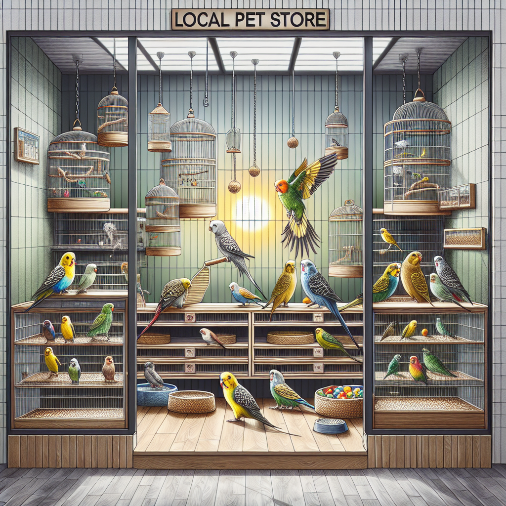 Various pet birds in a realistic local shop display with detailed cages and accessories.