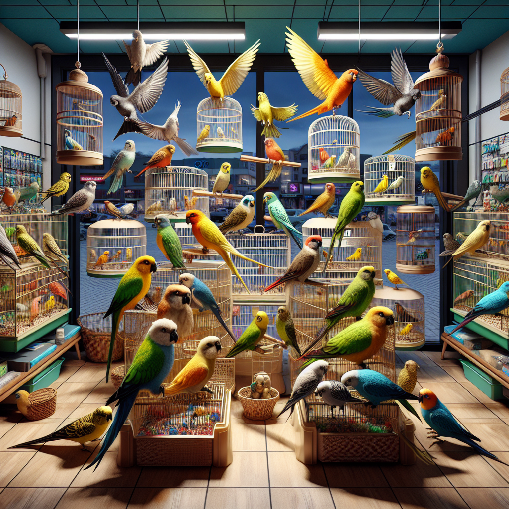 Various pet birds in a local shop display, with shoppers looking at them.