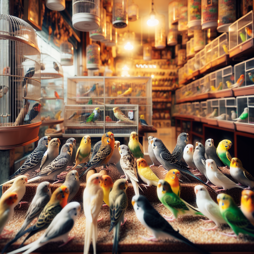 Realistic depiction of an assortment of colorful pet birds in a pet shop display.
