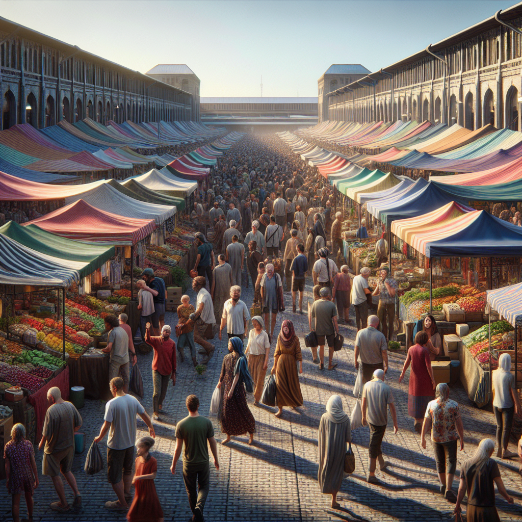 A busy and colorful outdoor marketplace with a variety of stalls and diverse people.