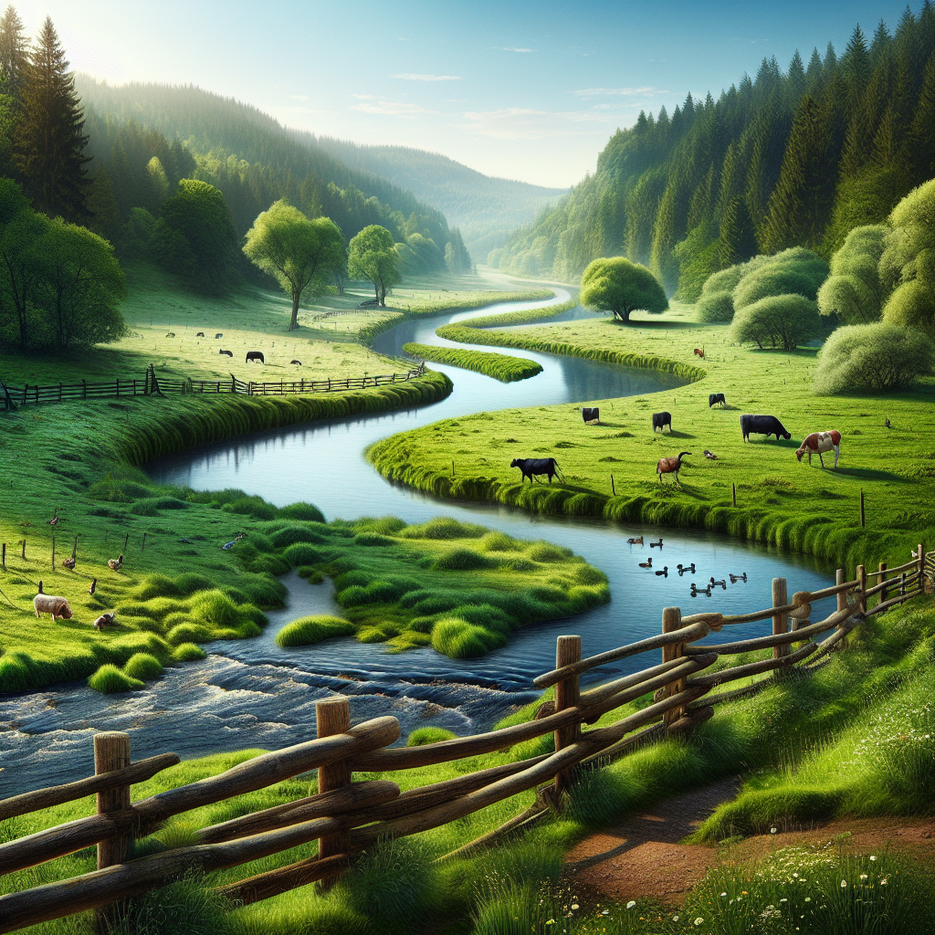 A realistic countryside scene with a river, green pastures, dense woodland, wildlife, and a clear blue sky.