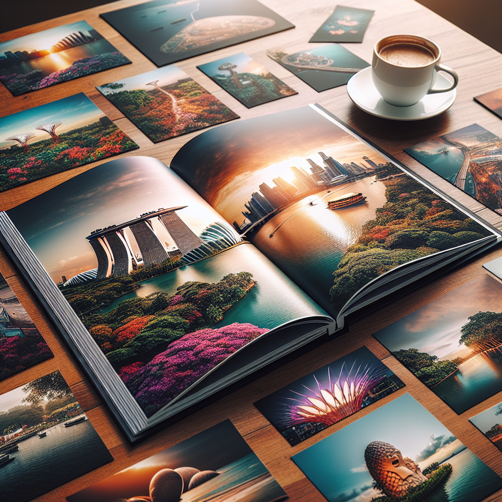 A realistic image of a photobook featuring Singapore landmarks.