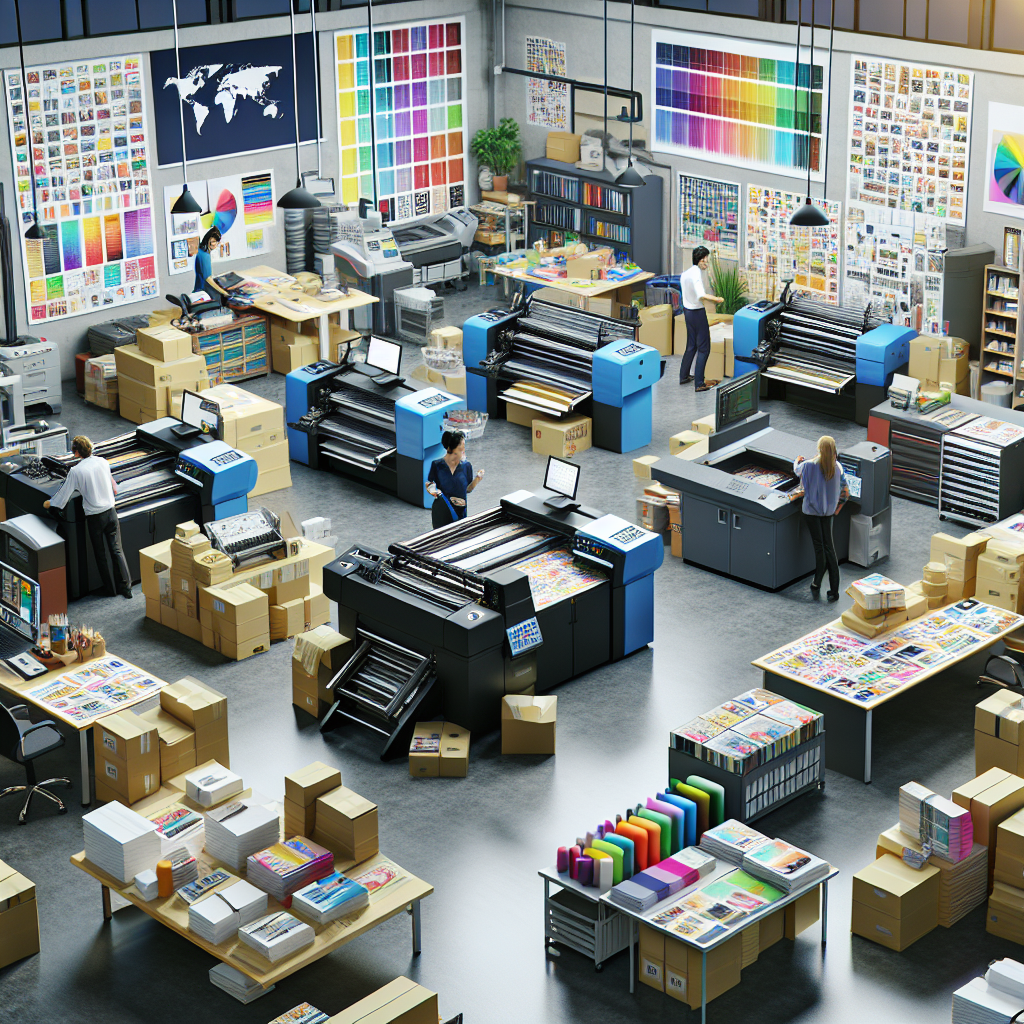 Local print shop with printing machines, supplies, and workers.