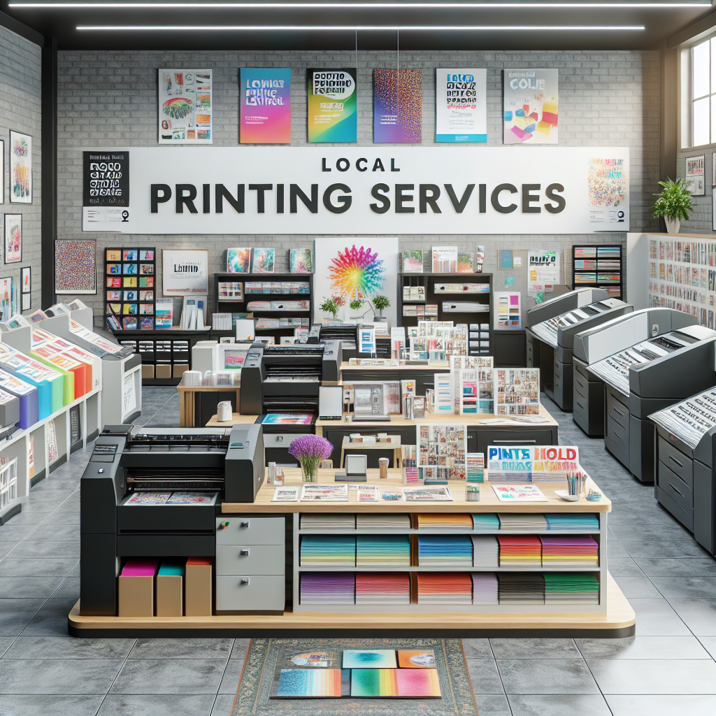 Interior of a local printing services store with various machines and printed products.