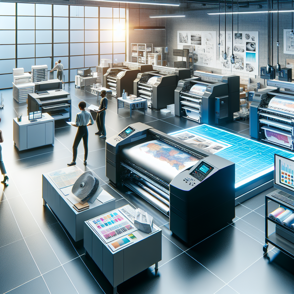 A realistic modern print shop with various printing equipment and workers in operation.