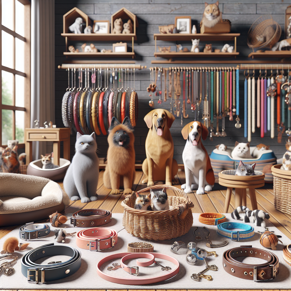 A realistic depiction of various print-on-demand pet products with pets.