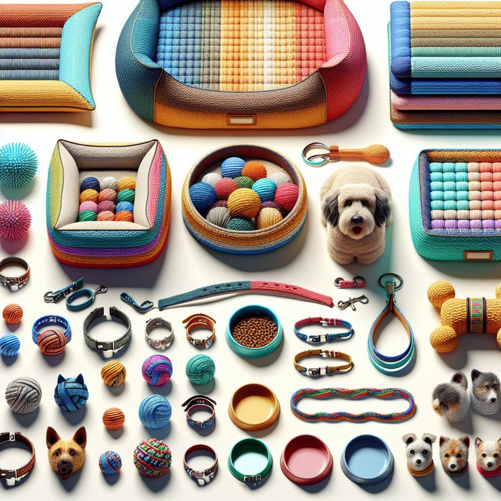 A realistic arrangement of various print-on-demand pet products including beds, collars, toys, and bowls.