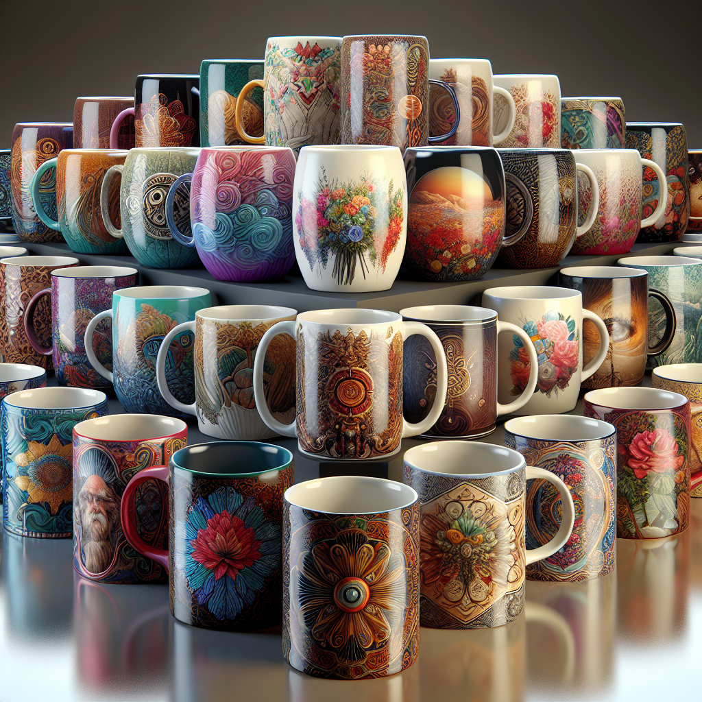A collection of realistic print-on-demand mugs with various designs, showcasing vibrant colors and intricate artwork.