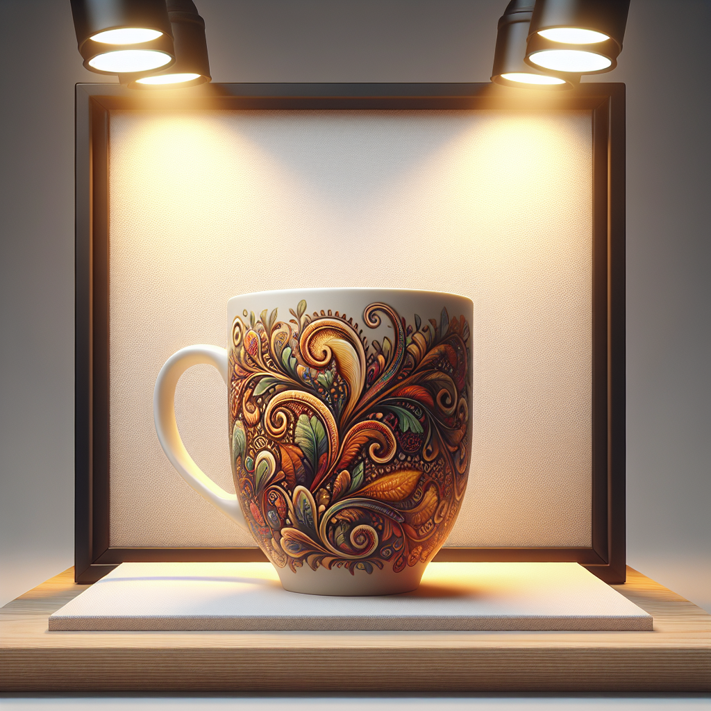A realistic depiction of a ceramic mug with a custom print design.