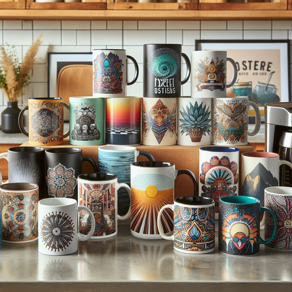 A collection of print-on-demand mugs with various designs on a kitchen countertop.