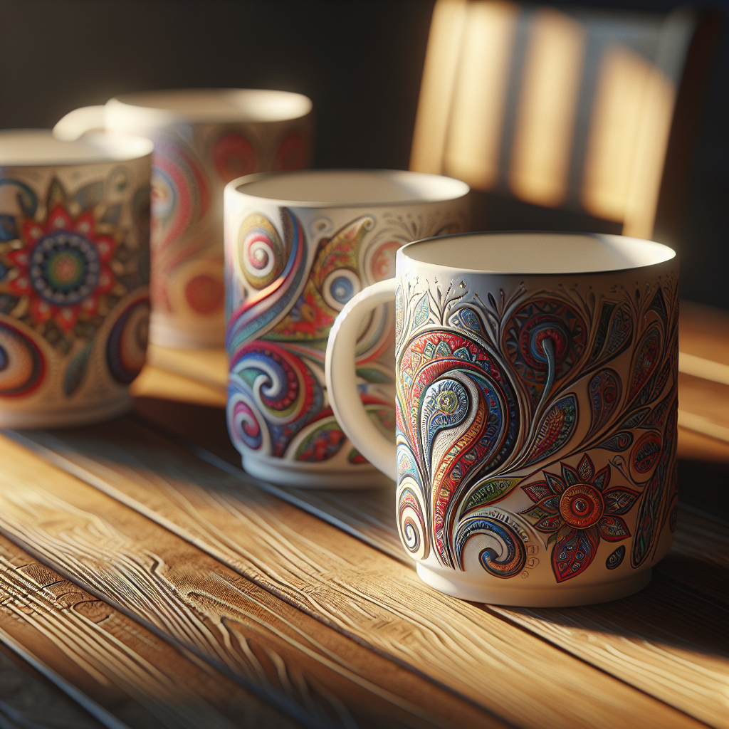 Realistic depiction of white ceramic mugs with vibrant designs on a wooden table.