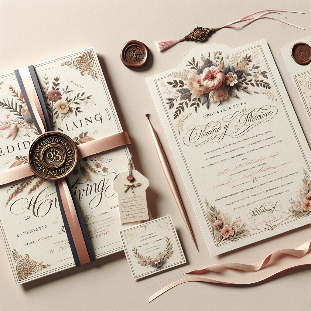 Realistic wedding invitations with elegant design and intricate details.