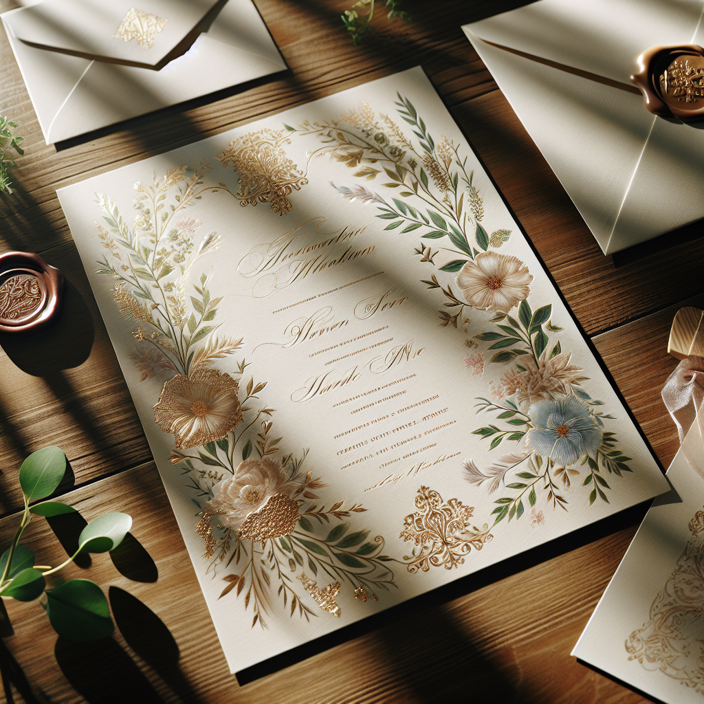 A stylish and realistic wedding invitation setup.