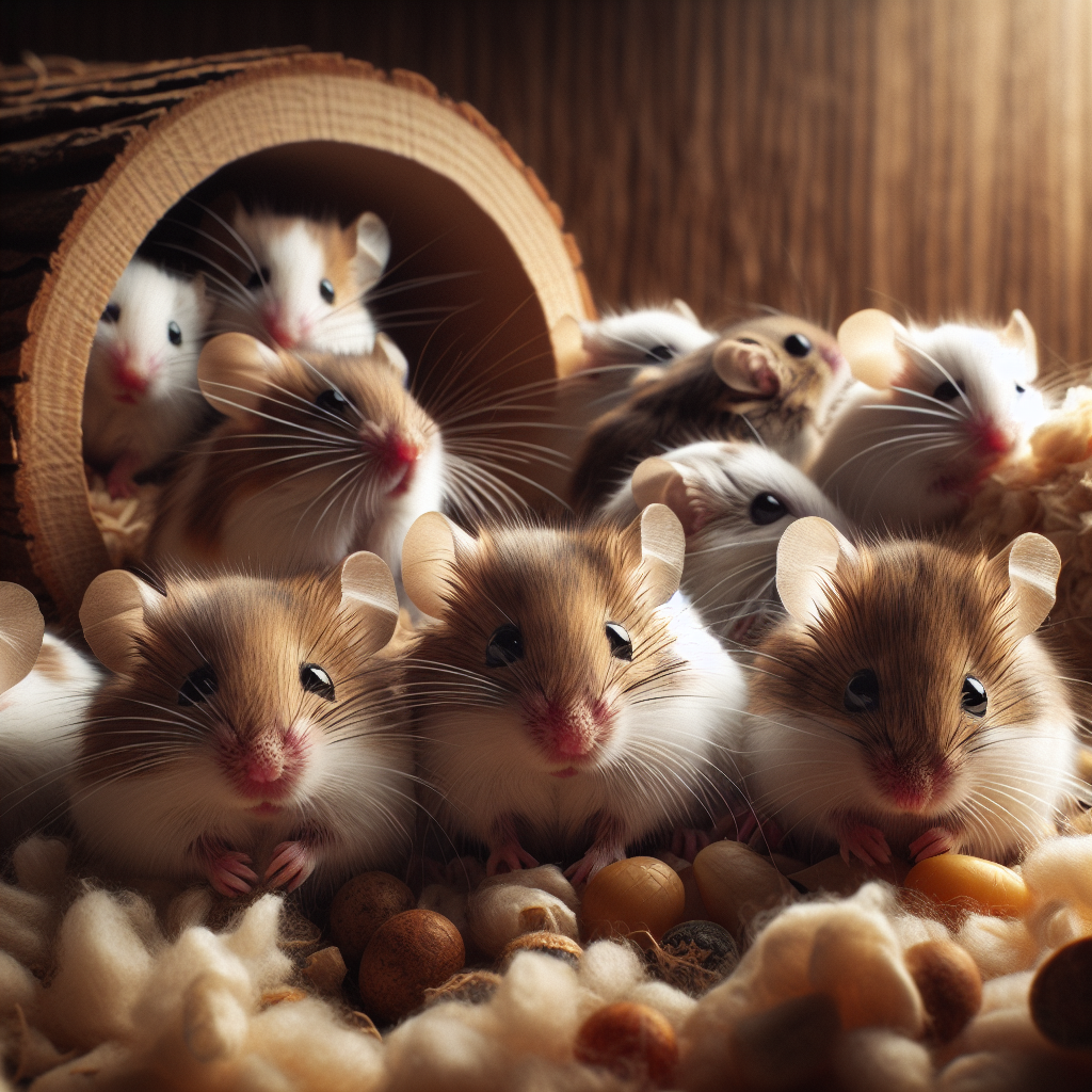 Realistic image of pet mice in a cozy habitat with wooden tunnels and soft bedding.