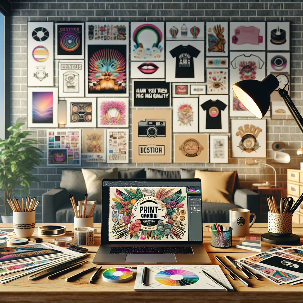 A realistic depiction of a home office setup for print-on-demand services with various printed products and a laptop with design software.