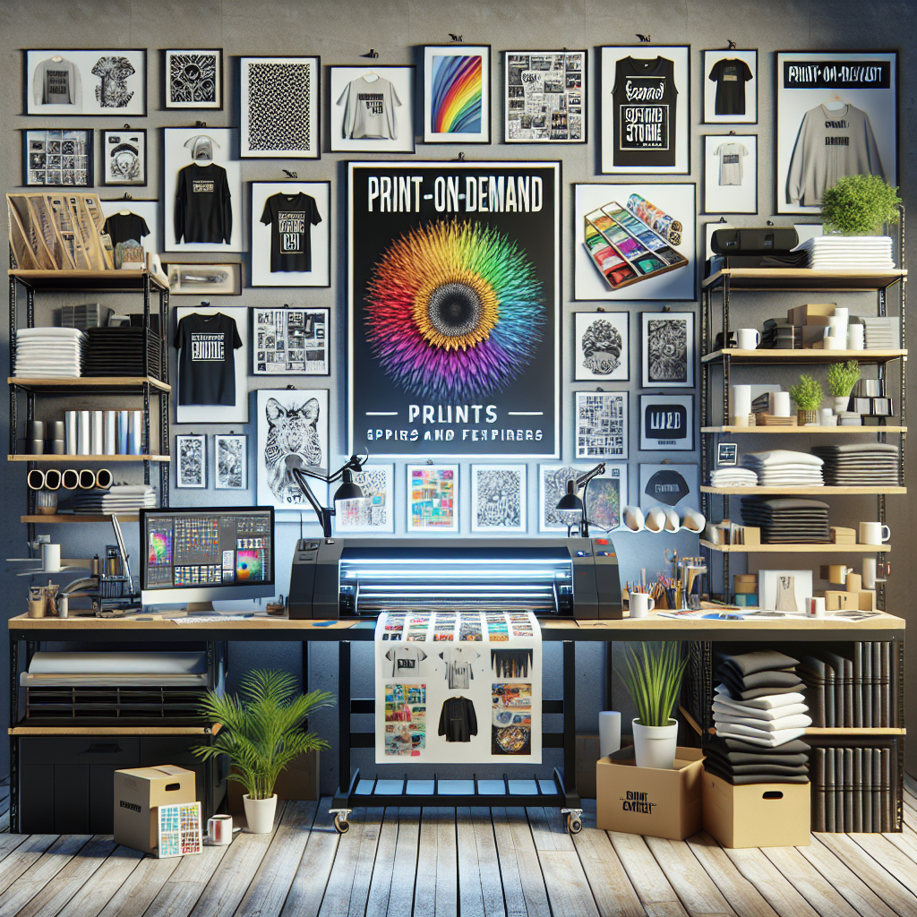 Introduction to print-on-demand with various printed products in a modern workspace.