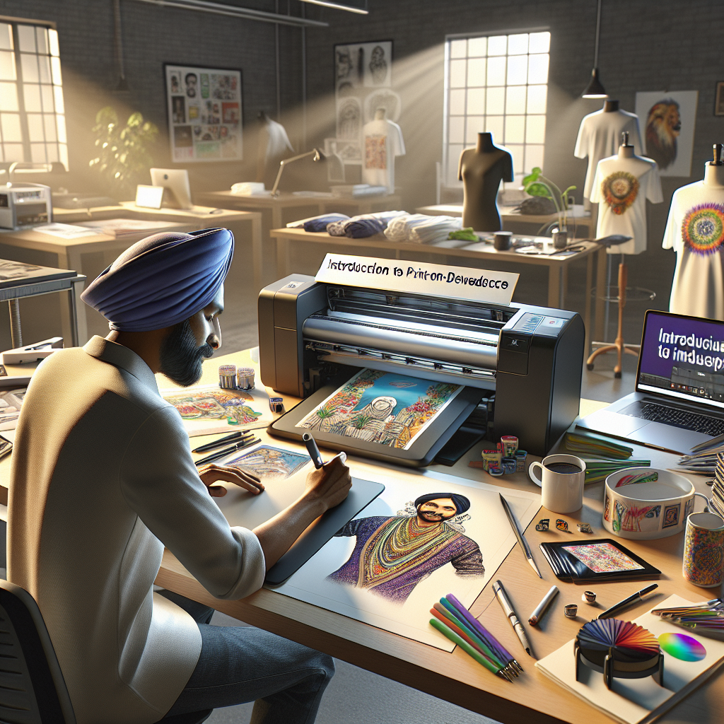 Introduction to print-on-demand services depicting a designer, printer, and merchandise products.