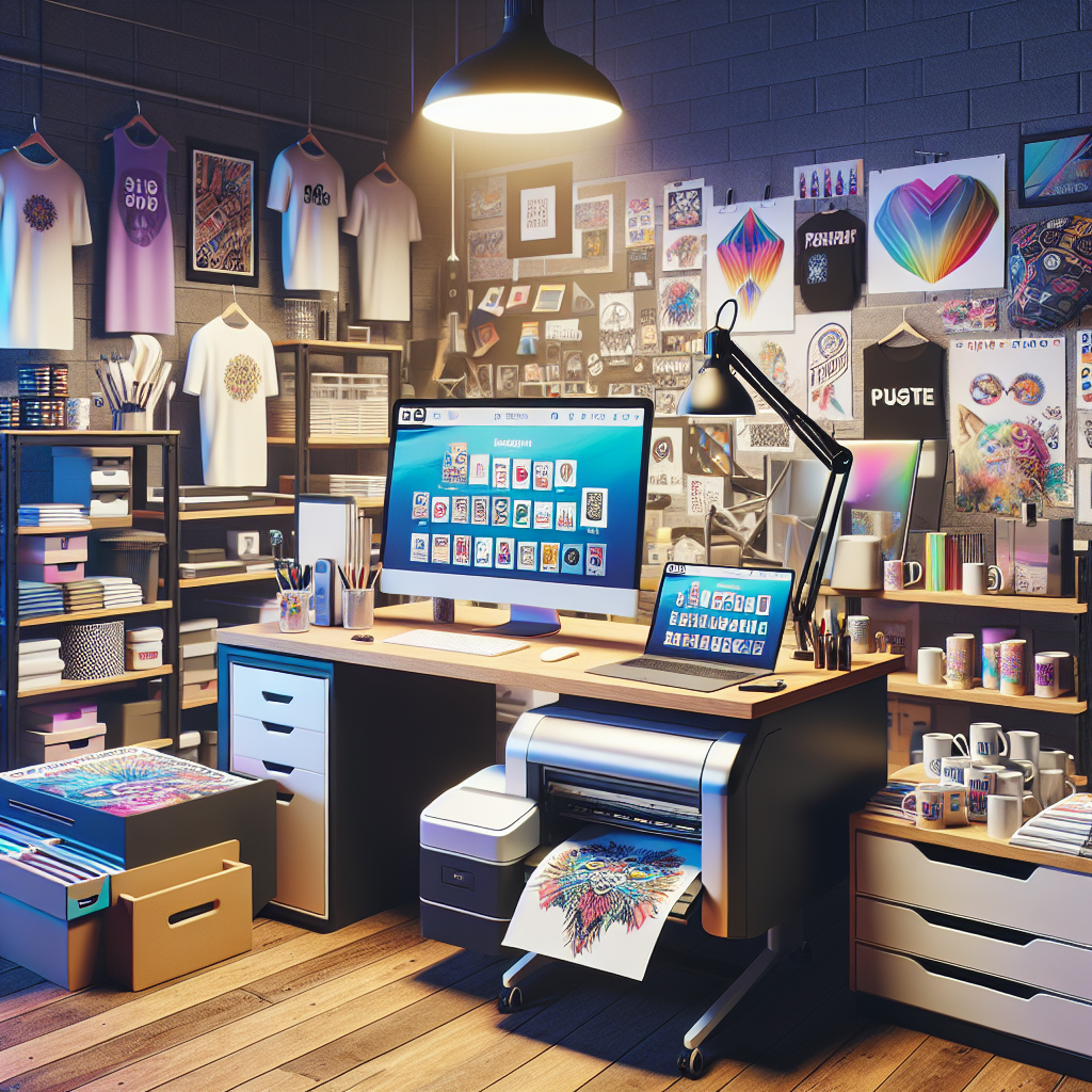 Introduction to print-on-demand with a workspace showing a computer, printer, and custom items.