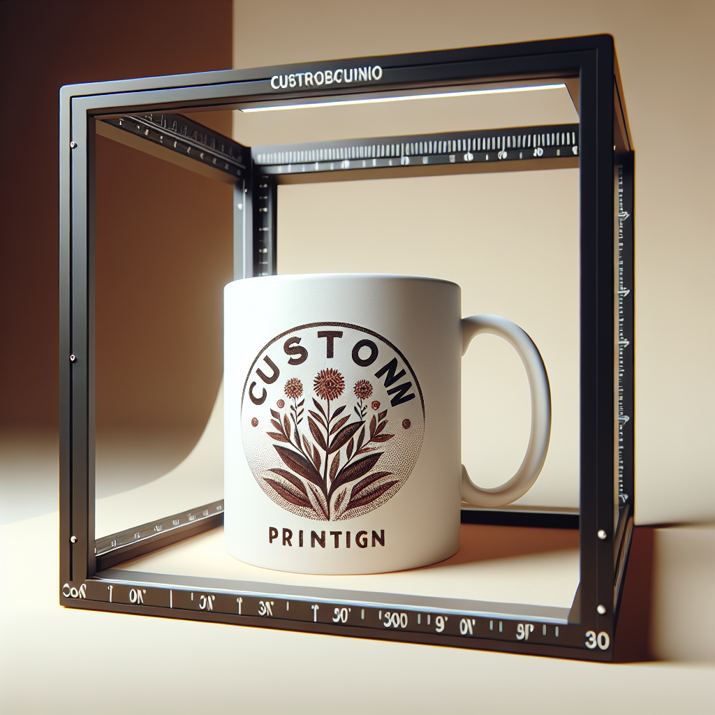 A realistic image of a custom printed mug on a minimalistic background.