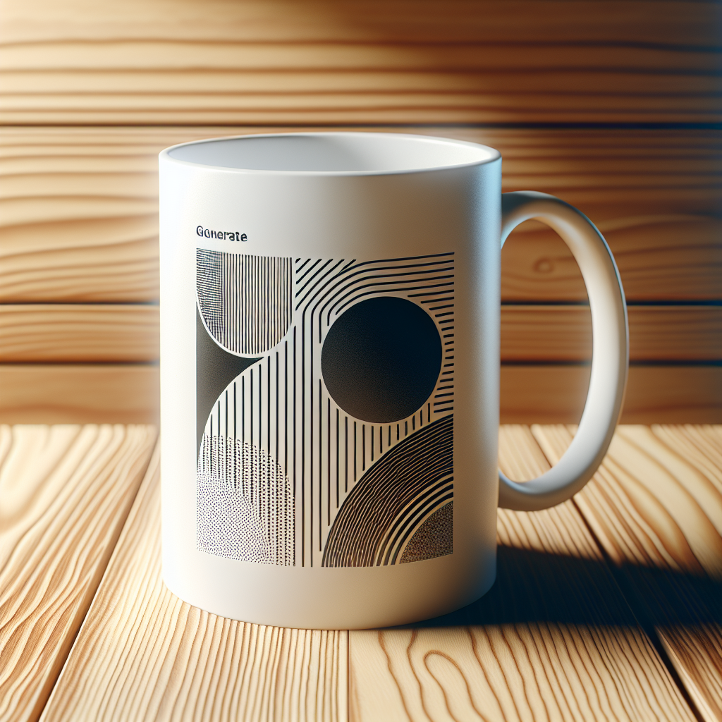 A realistic image of a printed mug on a wooden table.