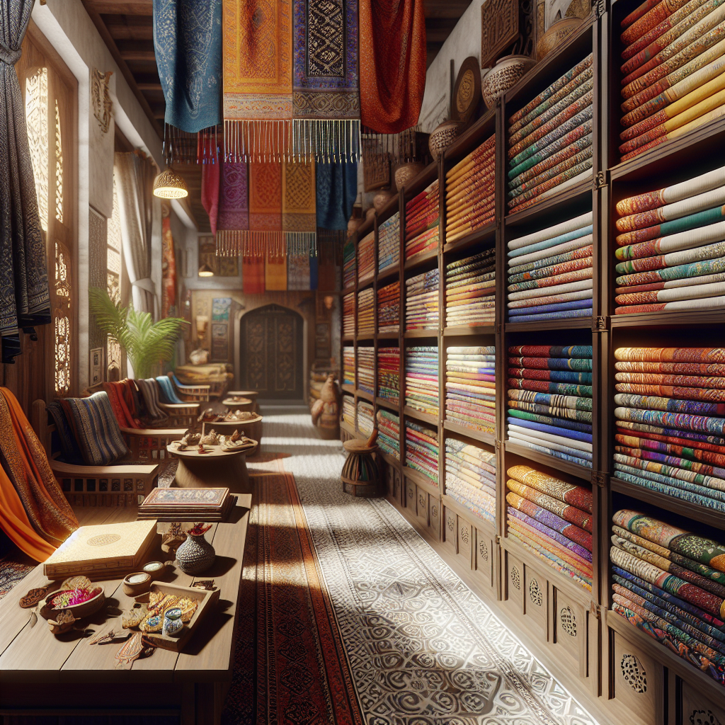 Realistic depiction of an Indian print-on-demand store with traditional fabrics and accessories.