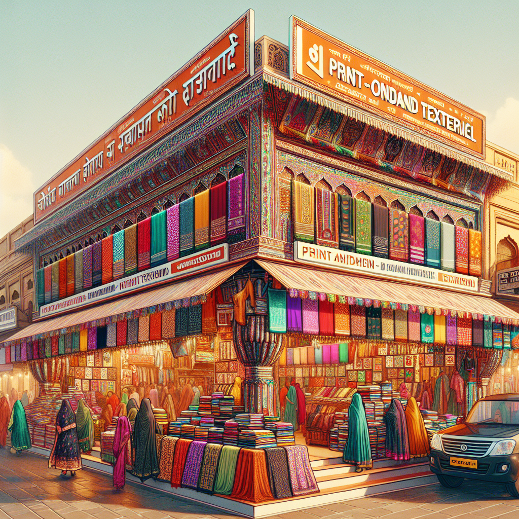 Entrance to an Indian print-on-demand store with vibrant textiles and colorful signage.