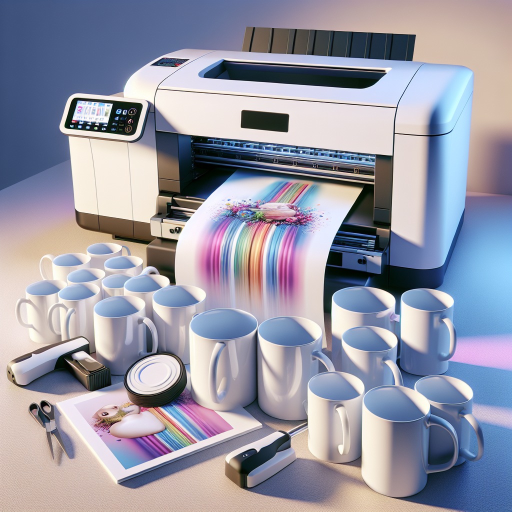 A realistic image of a sublimation printer transferring vibrant colors onto white ceramic mugs.