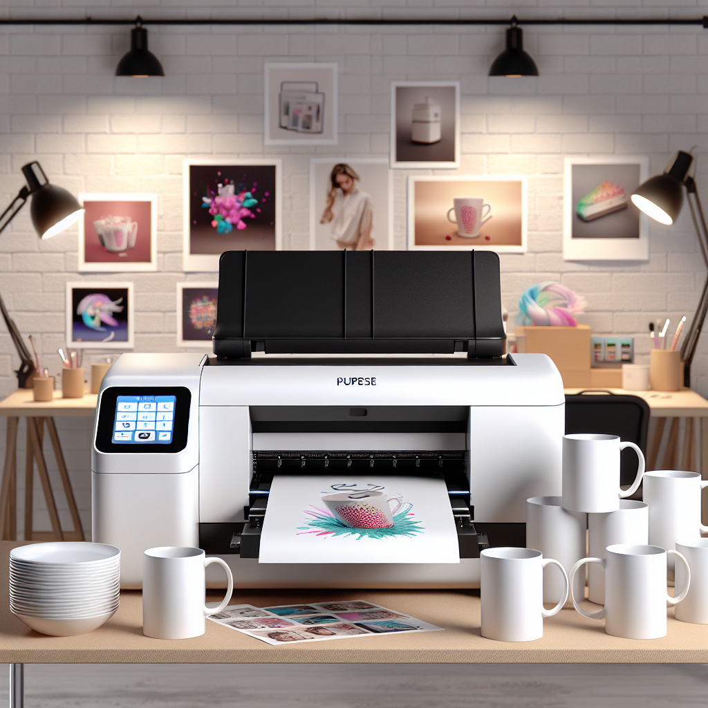 A realistic image of a sublimation printer with white mugs.